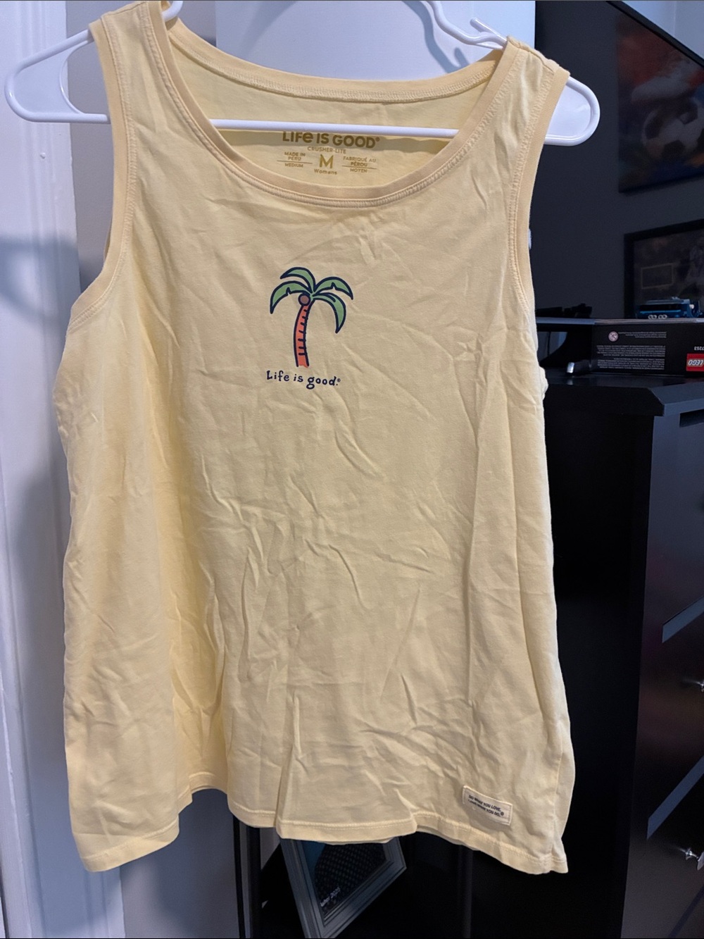 Life Is Good Pale Yellow Palm Tree Graphic Tank Top